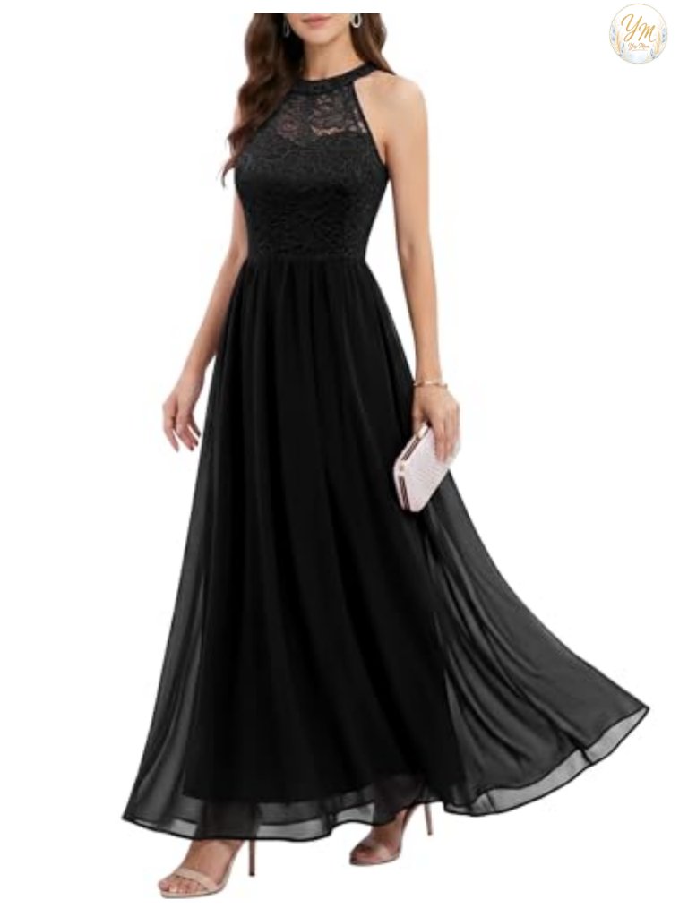 Women's Halter Long Prom Dress Floral Lace Bridesmaid A-Line Chiffon